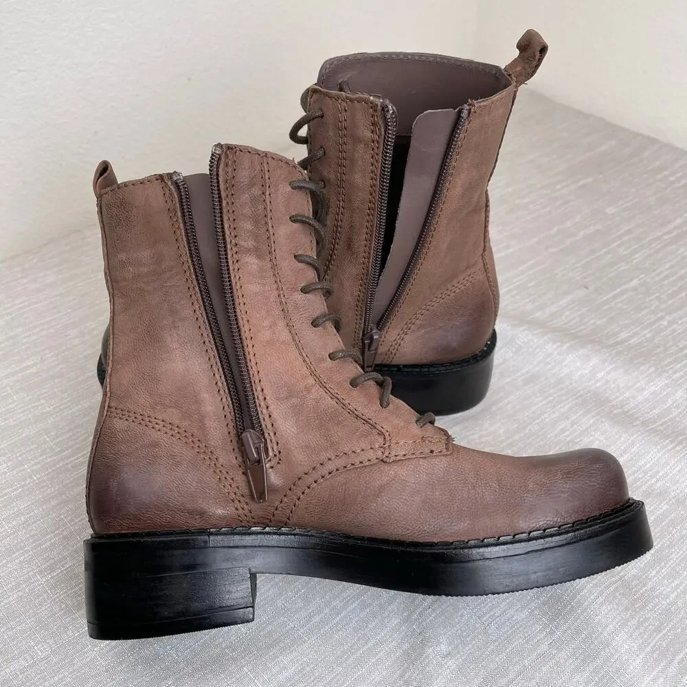 ZARA Women Brown Distressed Combat Boots Lace Up Lug Sole Size 34